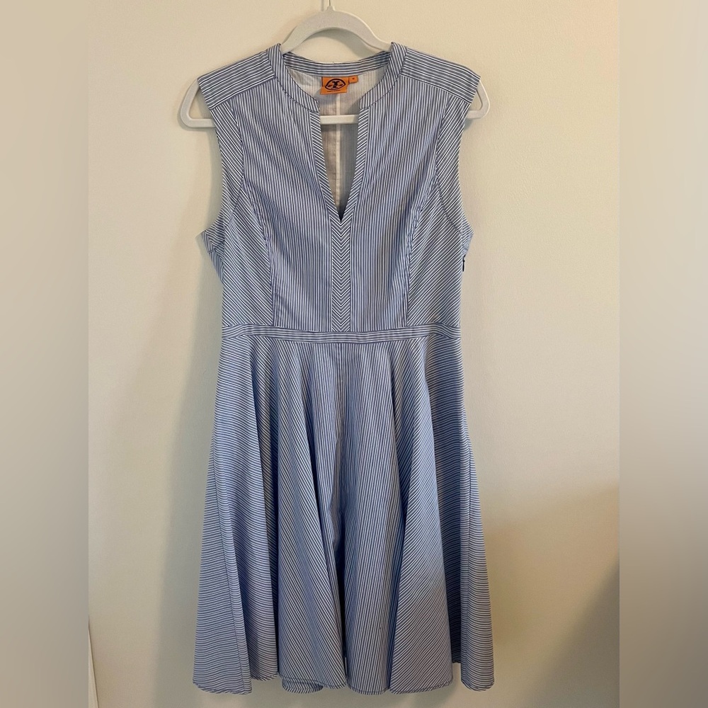 Classic Tory Burch Blue and White Striped Sleeveless Midi Dress